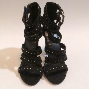 Black Suede Strappy Heeled Sandals w/Gold Studs